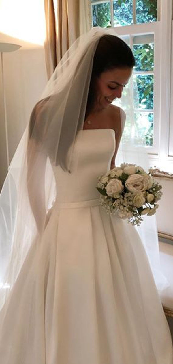 Minimalist Square Neck Satin A-line Slit Bridal Dress - Xdressy